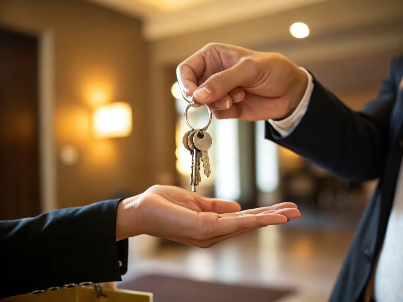 A close-up of hands exchanging vehicle documents and keys, representing secure transaction management and attention to legal compliance in automotive sales.