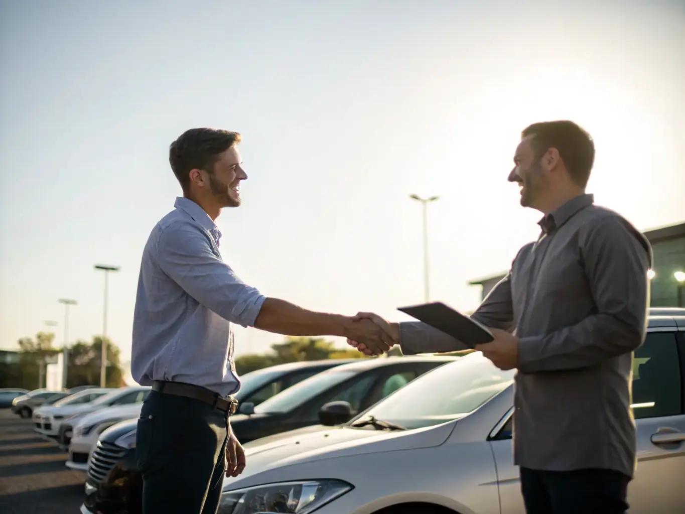 A professional consultant shaking hands with a client in front of a luxury car, symbolizing successful vehicle sourcing and personalized service at an automotive dealership.