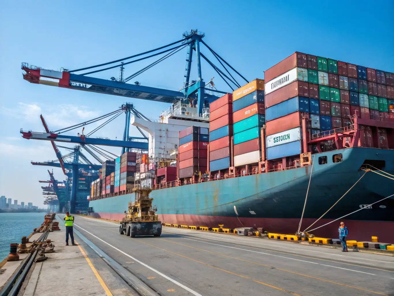 A cargo ship loaded with vehicles at a port, with logistics staff coordinating shipments, illustrating import/export coordination for international automotive clients.